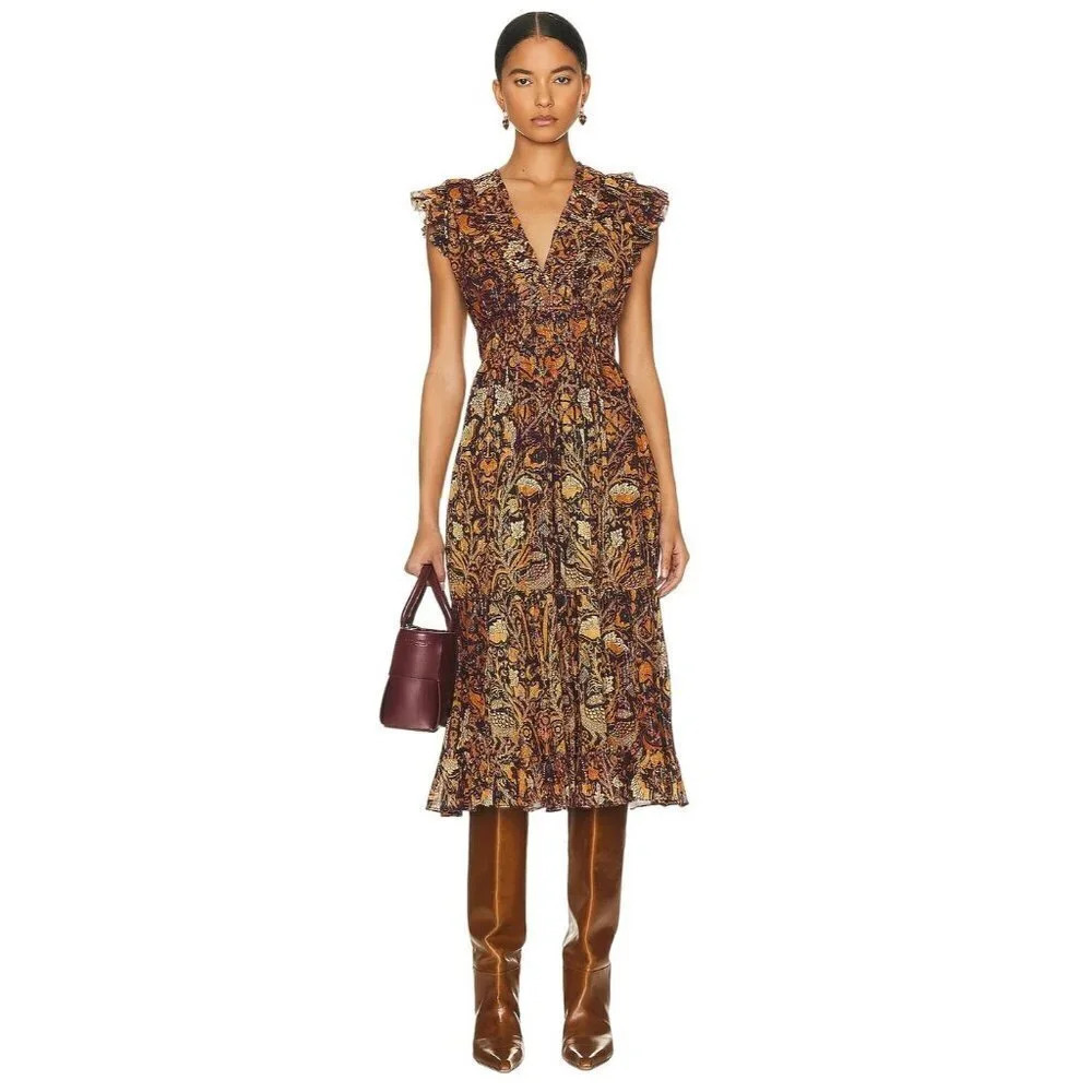 Ulla Johnson Brown Floral Midi Dress